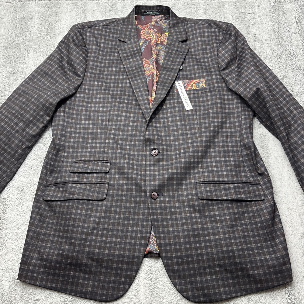 Paisley & Gray Mens Slim‎ fit Sport Coat Blazer 50R Wine Navy Check 5969J